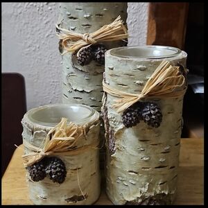 6-Pc Resin White Birch Log Votive Candle Holder Set - Holiday - Raffia Pinecones